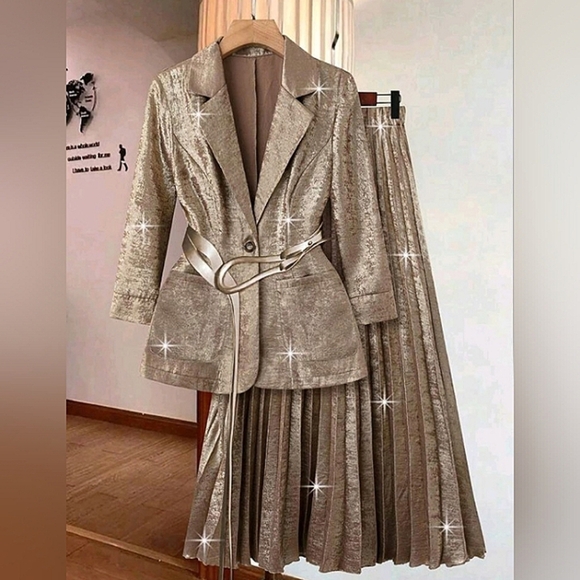 2pcs Set Gold Pleated Midi Skirt And Blazer For Women - Picture 1 of 4